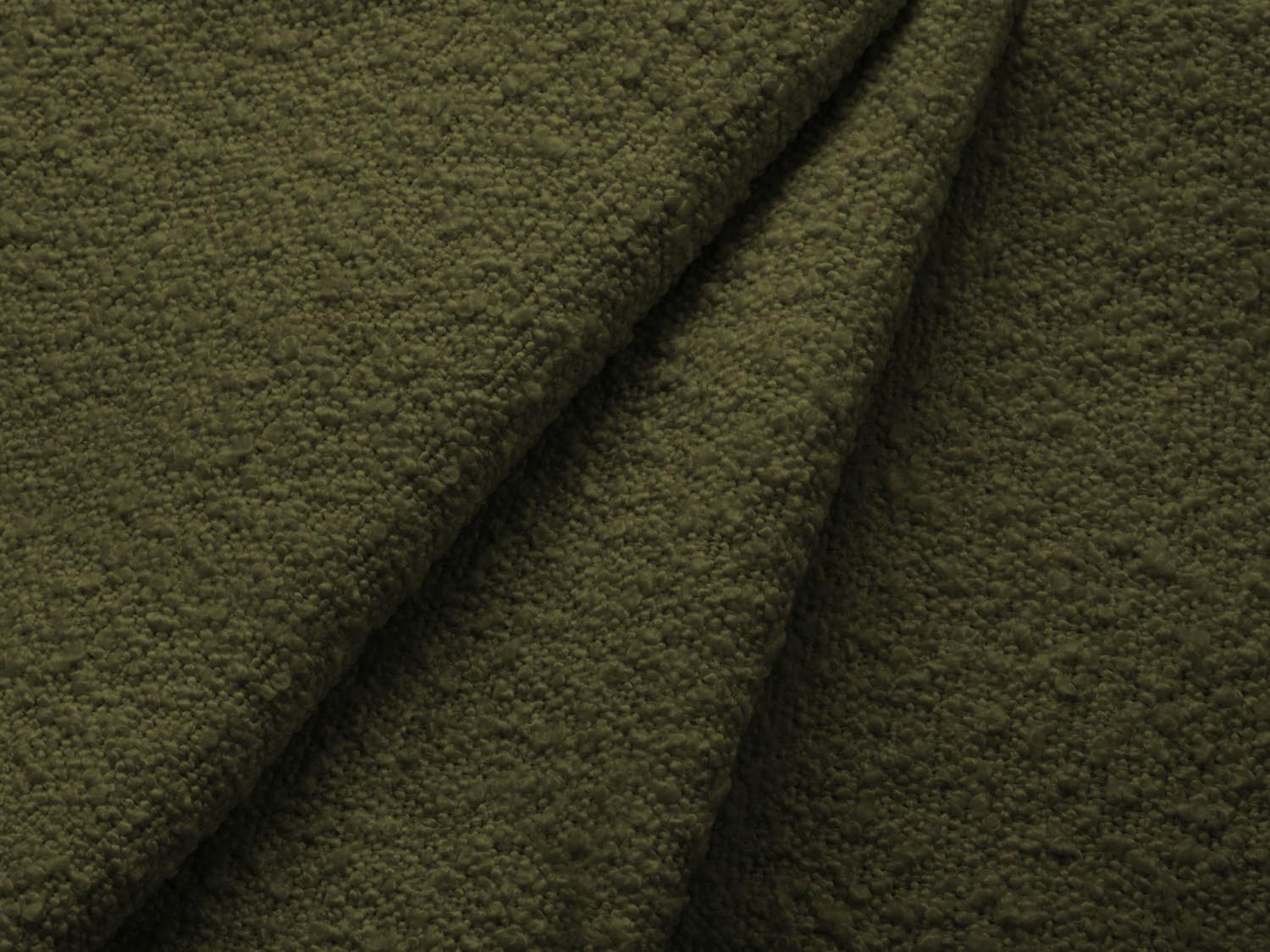 Stilvolles 3-Sitzer Boucle Sofa in Dunkeloliv, vielseitig einsetzbar als Schlafsofa mit praktischem Stauraum für zusätzlichen Komfort.