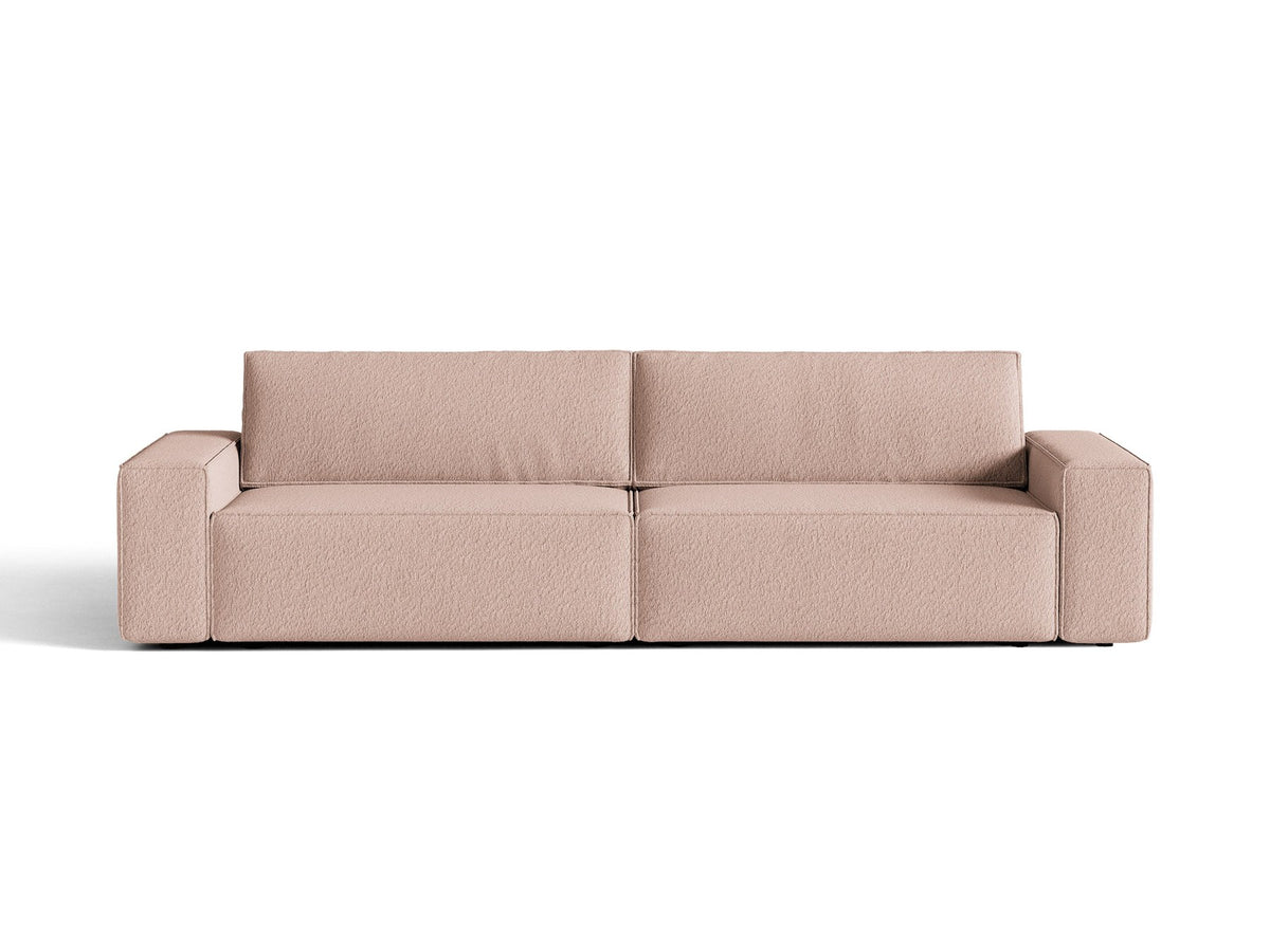 Braunes 3er Sofa Jodie von Micadoni mit Stoffbezug, schwarzen Kunststoffbeinen, ausklappbarer Bettfunktion und integriertem Stauraum im Sitzbereich.