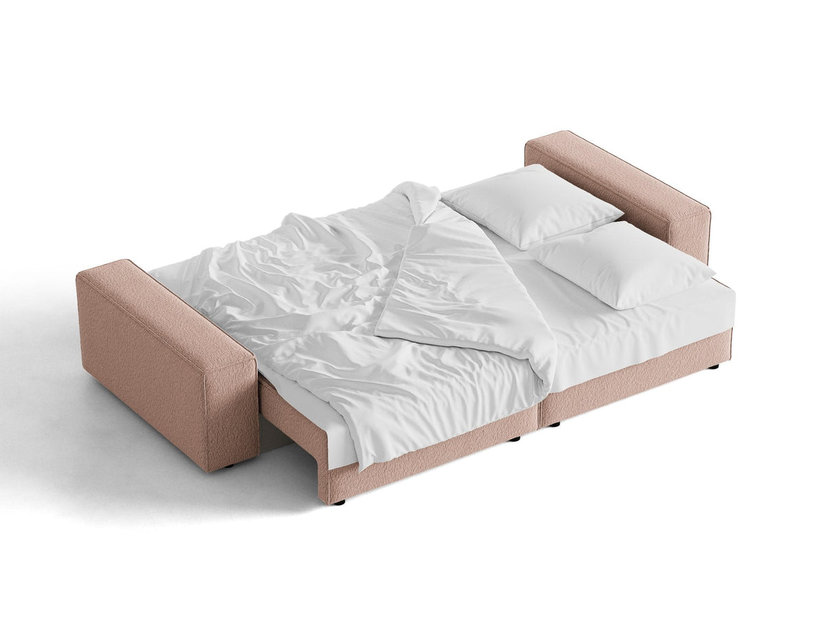 Braunes 3er Sofa Jodie von Micadoni mit Stoffbezug, schwarzen Kunststoffbeinen, ausklappbarer Bettfunktion und integriertem Stauraum im Sitzbereich.
