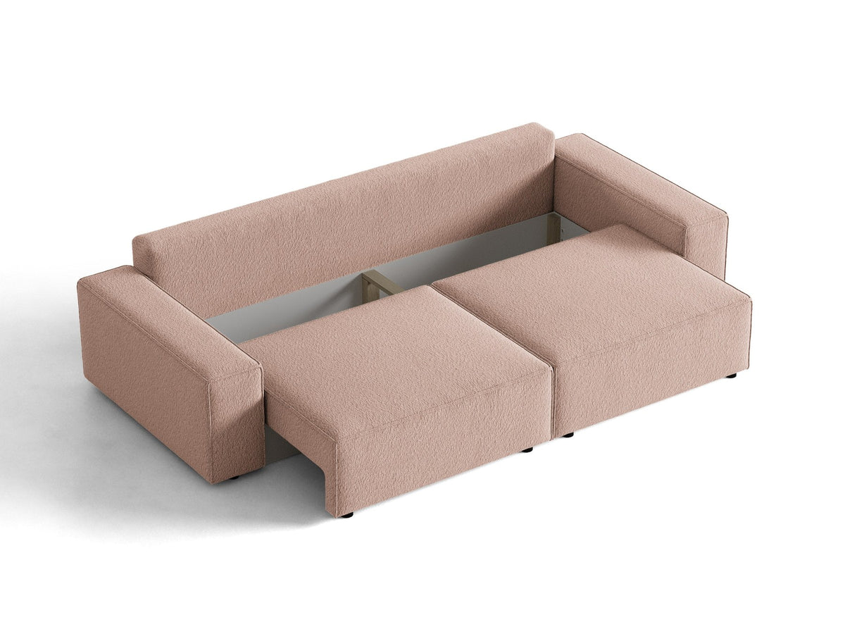 Braunes 3er Sofa Jodie von Micadoni mit Stoffbezug, schwarzen Kunststoffbeinen, ausklappbarer Bettfunktion und integriertem Stauraum im Sitzbereich.
