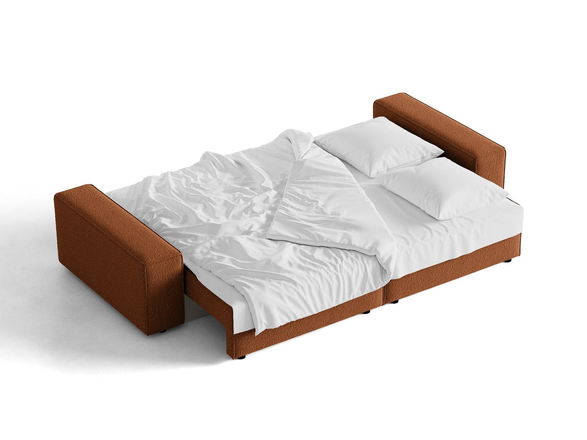 Braunes 3er Sofa Jodie von Micadoni mit Stoffbezug, schwarzen Kunststoffbeinen, ausklappbarer Bettfunktion und integriertem Stauraum im Sitzbereich.