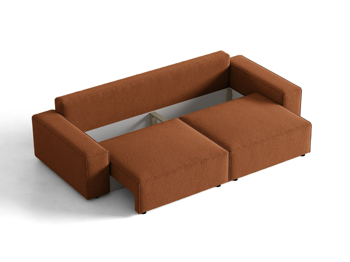 Braunes 3er Sofa Jodie von Micadoni mit Stoffbezug, schwarzen Kunststoffbeinen, ausklappbarer Bettfunktion und integriertem Stauraum im Sitzbereich.