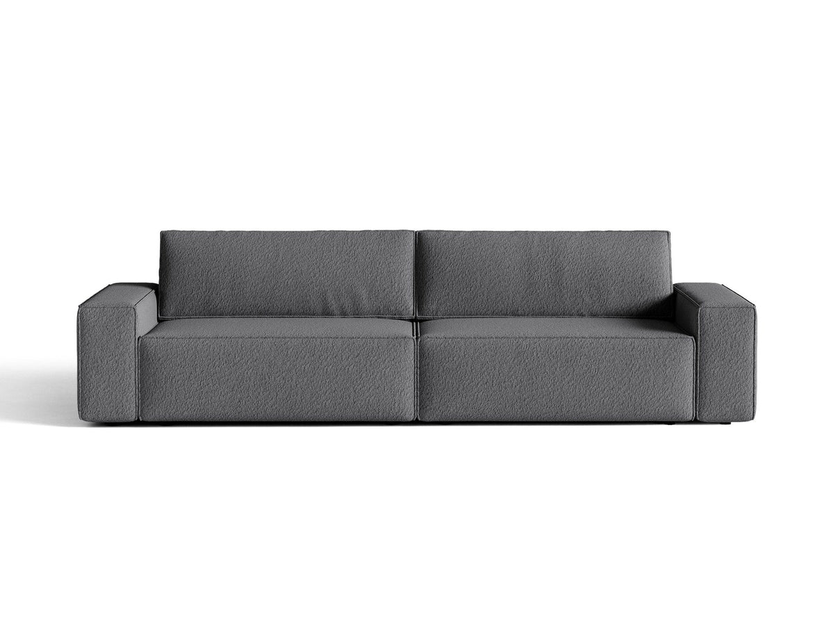Braunes 3er Sofa Jodie von Micadoni mit Stoffbezug, schwarzen Kunststoffbeinen, ausklappbarer Bettfunktion und integriertem Stauraum im Sitzbereich.