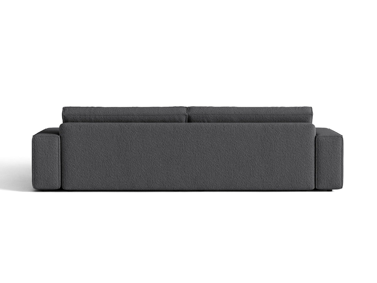 Braunes 3er Sofa Jodie von Micadoni mit Stoffbezug, schwarzen Kunststoffbeinen, ausklappbarer Bettfunktion und integriertem Stauraum im Sitzbereich.