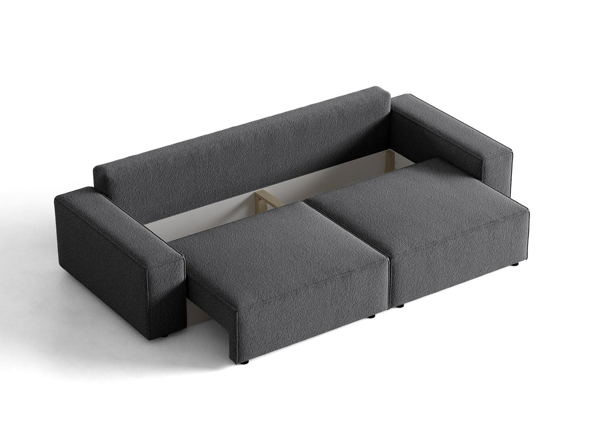 Braunes 3er Sofa Jodie von Micadoni mit Stoffbezug, schwarzen Kunststoffbeinen, ausklappbarer Bettfunktion und integriertem Stauraum im Sitzbereich.