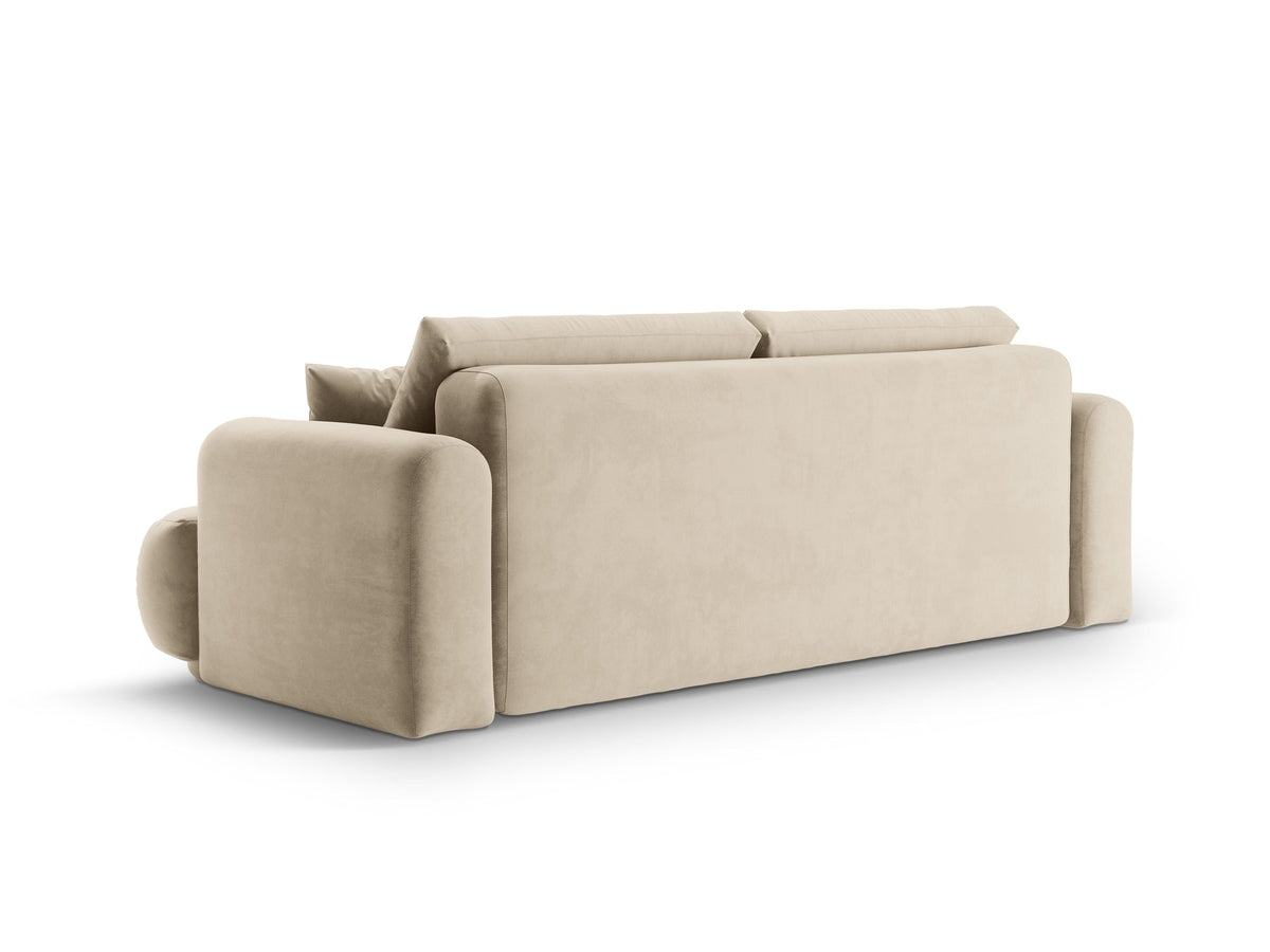 Beiges 3er Sofa Ella von Micadoni mit Veloursstoff-Bezug, ausklappbarer Bettfunktion, Stauraumbox und schwarzen Kunststoffbeinen.