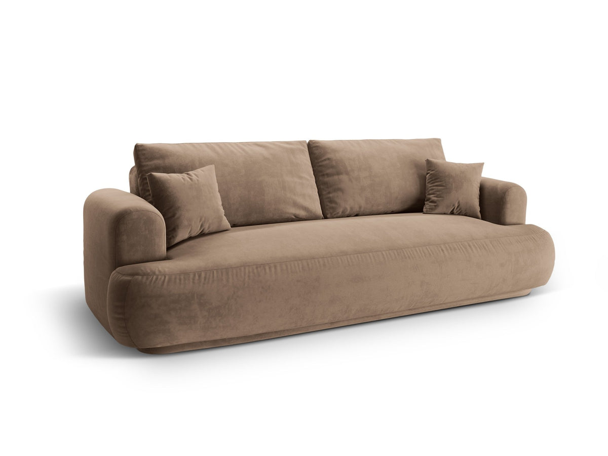 Beiges 3er Sofa Ella von Micadoni mit Veloursstoff-Bezug, ausklappbarer Bettfunktion, Stauraumbox und schwarzen Kunststoffbeinen.