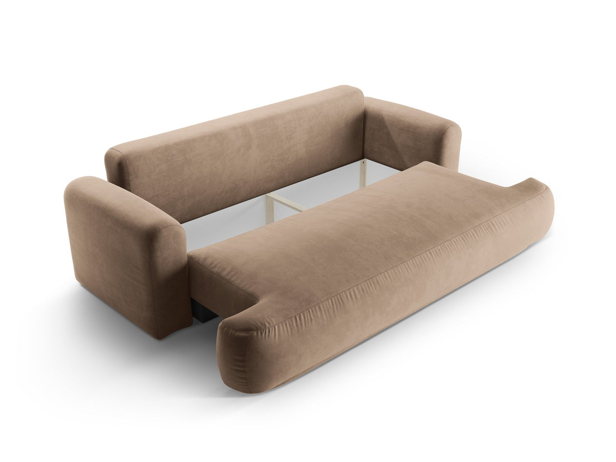 Beiges 3er Sofa Ella von Micadoni mit Veloursstoff-Bezug, ausklappbarer Bettfunktion, Stauraumbox und schwarzen Kunststoffbeinen.