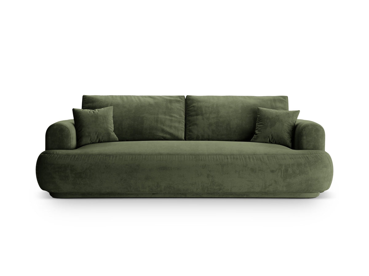 Beiges 3er Sofa Ella von Micadoni mit Veloursstoff-Bezug, ausklappbarer Bettfunktion, Stauraumbox und schwarzen Kunststoffbeinen.
