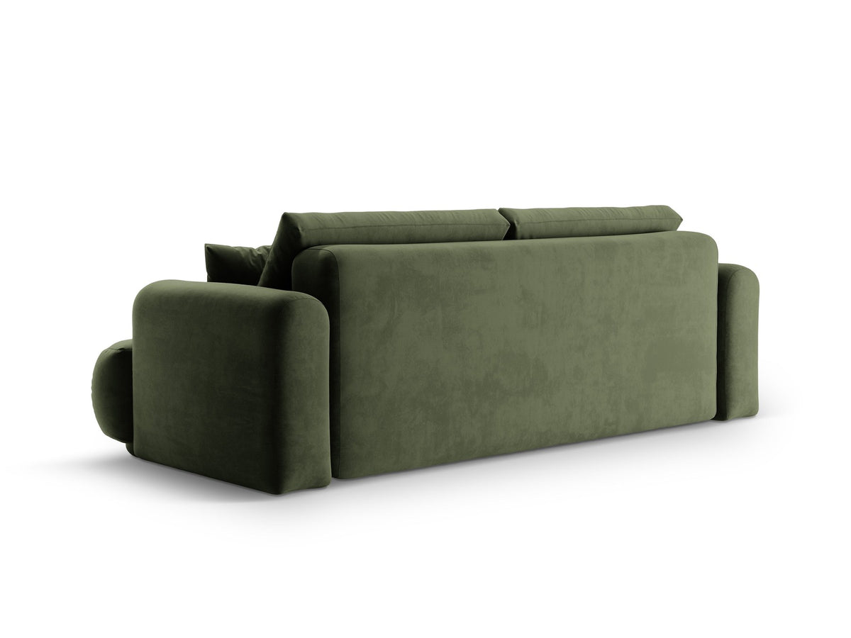 Beiges 3er Sofa Ella von Micadoni mit Veloursstoff-Bezug, ausklappbarer Bettfunktion, Stauraumbox und schwarzen Kunststoffbeinen.