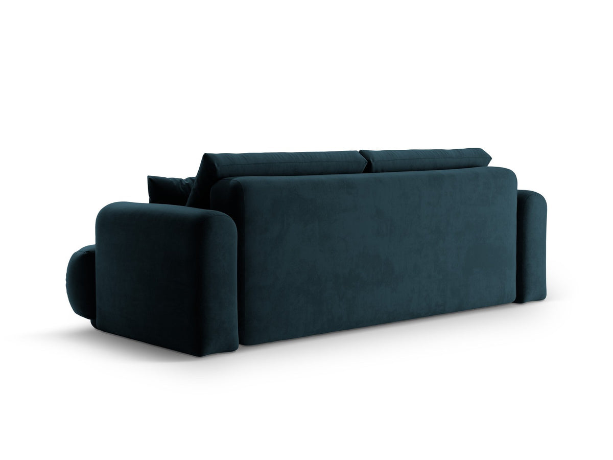 Beiges 3er Sofa Ella von Micadoni mit Veloursstoff-Bezug, ausklappbarer Bettfunktion, Stauraumbox und schwarzen Kunststoffbeinen.