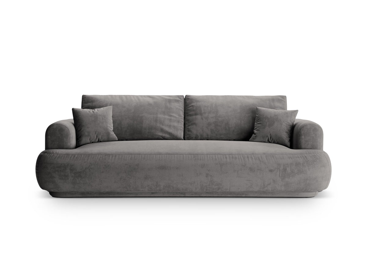Beiges 3er Sofa Ella von Micadoni mit Veloursstoff-Bezug, ausklappbarer Bettfunktion, Stauraumbox und schwarzen Kunststoffbeinen.