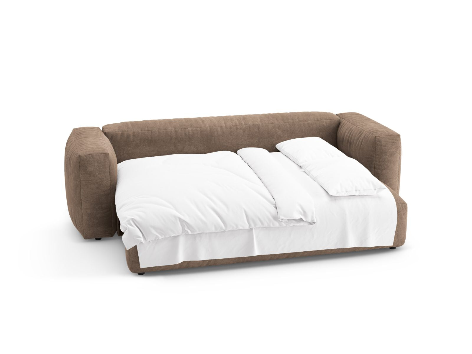 Stylisches 3-Sitzer Bettsofa Martina in Dunkelbeige, perfekt für gemütliche Abende und als praktische Schlaflösung für Gäste.