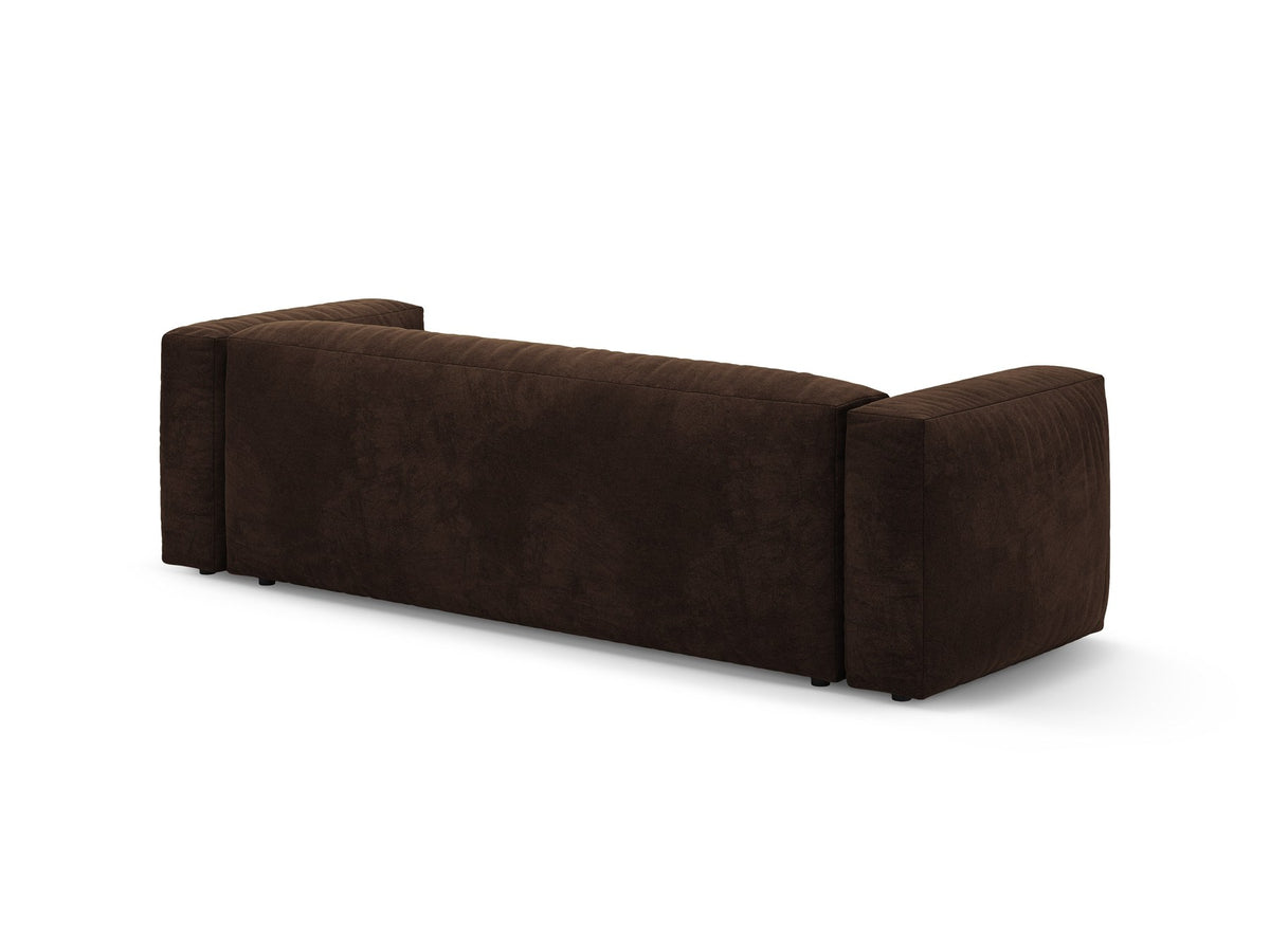 Martina 3er Sofa mit Bettfunktion in Schokolade, Veloursstoff-Bezug, schwarze Kunststoffbeine, moderne klare Form im Wohnzimmer.