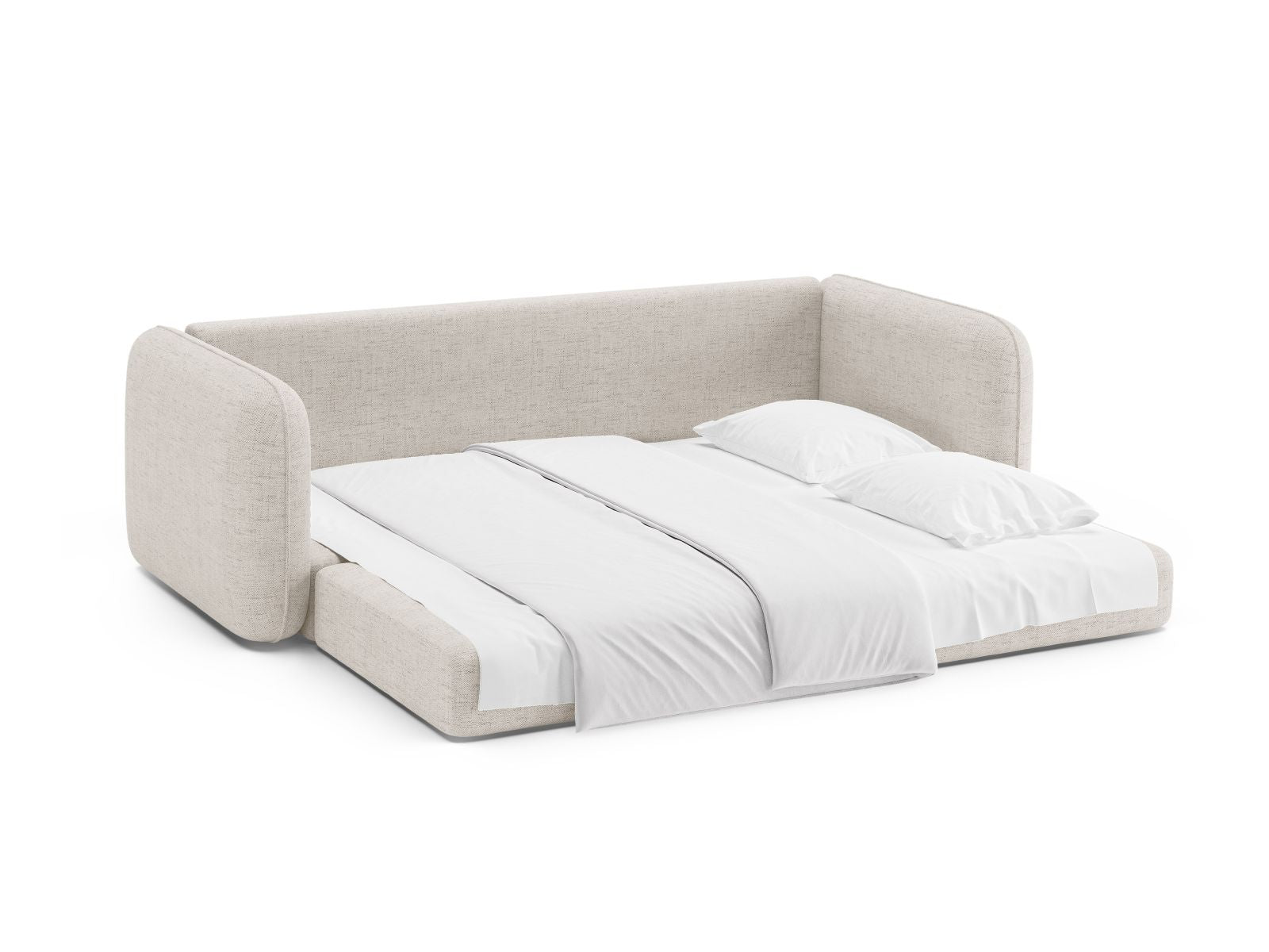 Stylisches 3-Sitzer Sofa Dormi in sanftem Beige, perfekt für entspannte Abende und als Schlafgelegenheit für Übernachtungsgäste.