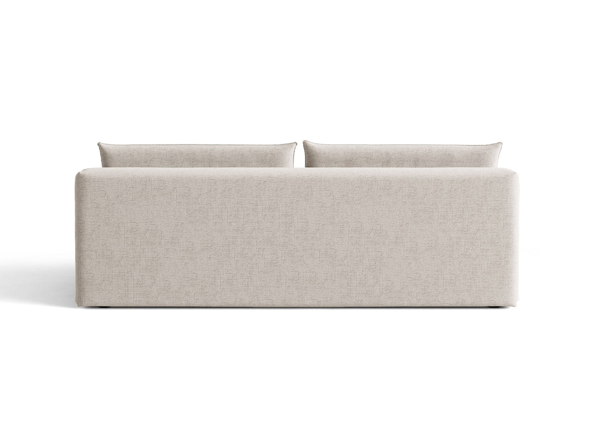 Beiges 3er Sofa Hena von Micadoni mit Chenille-Stoff, abgerundeter Form ohne Armlehnen, Kunststoffbeinen und sichtbarem Bettkasten.