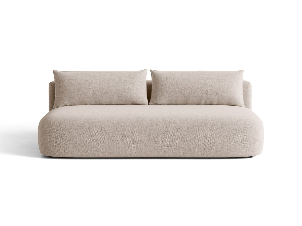 Beiges 3er Sofa Hena von Micadoni mit Chenille-Stoff, abgerundeter Form ohne Armlehnen, Kunststoffbeinen und sichtbarem Bettkasten.