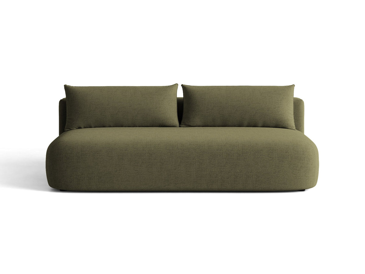 Beiges 3er Sofa Hena von Micadoni mit Chenille-Stoff, abgerundeter Form ohne Armlehnen, Kunststoffbeinen und sichtbarem Bettkasten.