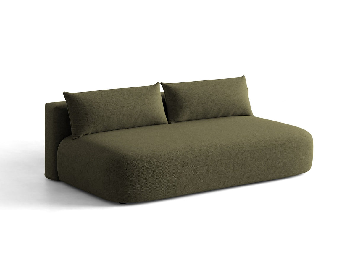 Beiges 3er Sofa Hena von Micadoni mit Chenille-Stoff, abgerundeter Form ohne Armlehnen, Kunststoffbeinen und sichtbarem Bettkasten.