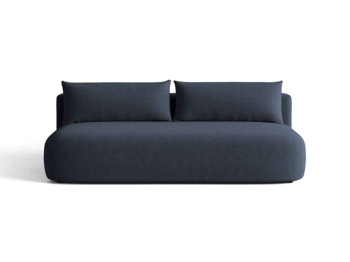 Beiges 3er Sofa Hena von Micadoni mit Chenille-Stoff, abgerundeter Form ohne Armlehnen, Kunststoffbeinen und sichtbarem Bettkasten.