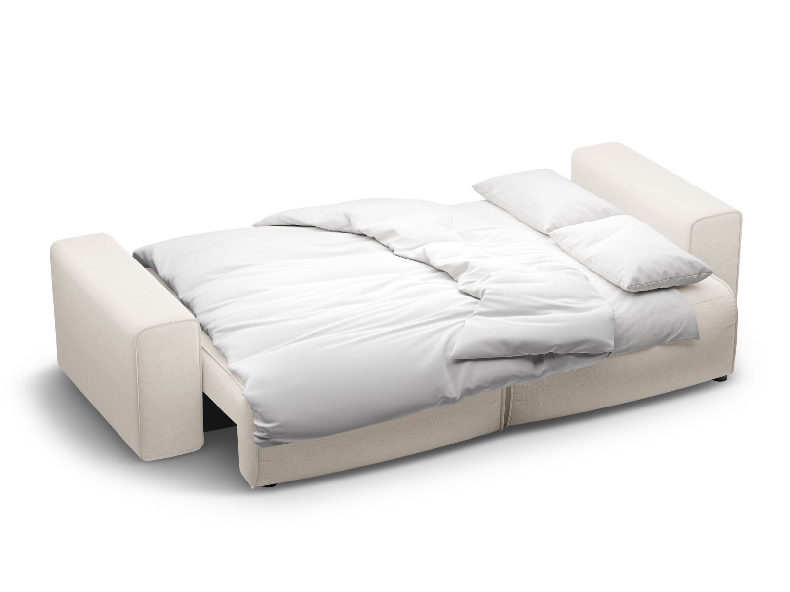 Stylisches 3-Sitzer Sofa Victor in sanftem Beige, perfekt für Gästeübernachtungen und bietet zusätzlichen Stauraum für eine aufgeräumte Wohnatmosphäre.