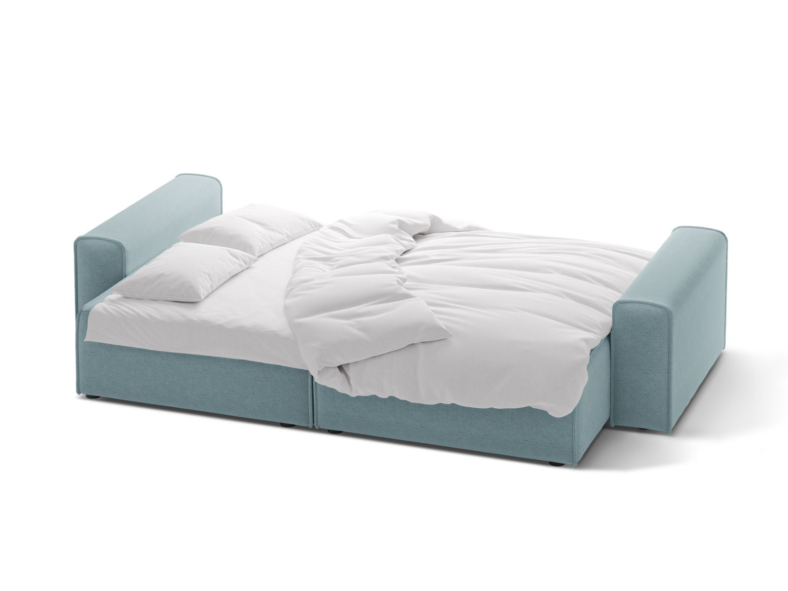 Stylisches 3-Sitzer Sofa Victor in zartem Hellblau, perfekt für Wohnräume, bietet Schlaffunktion und zusätzlichen Stauraum.