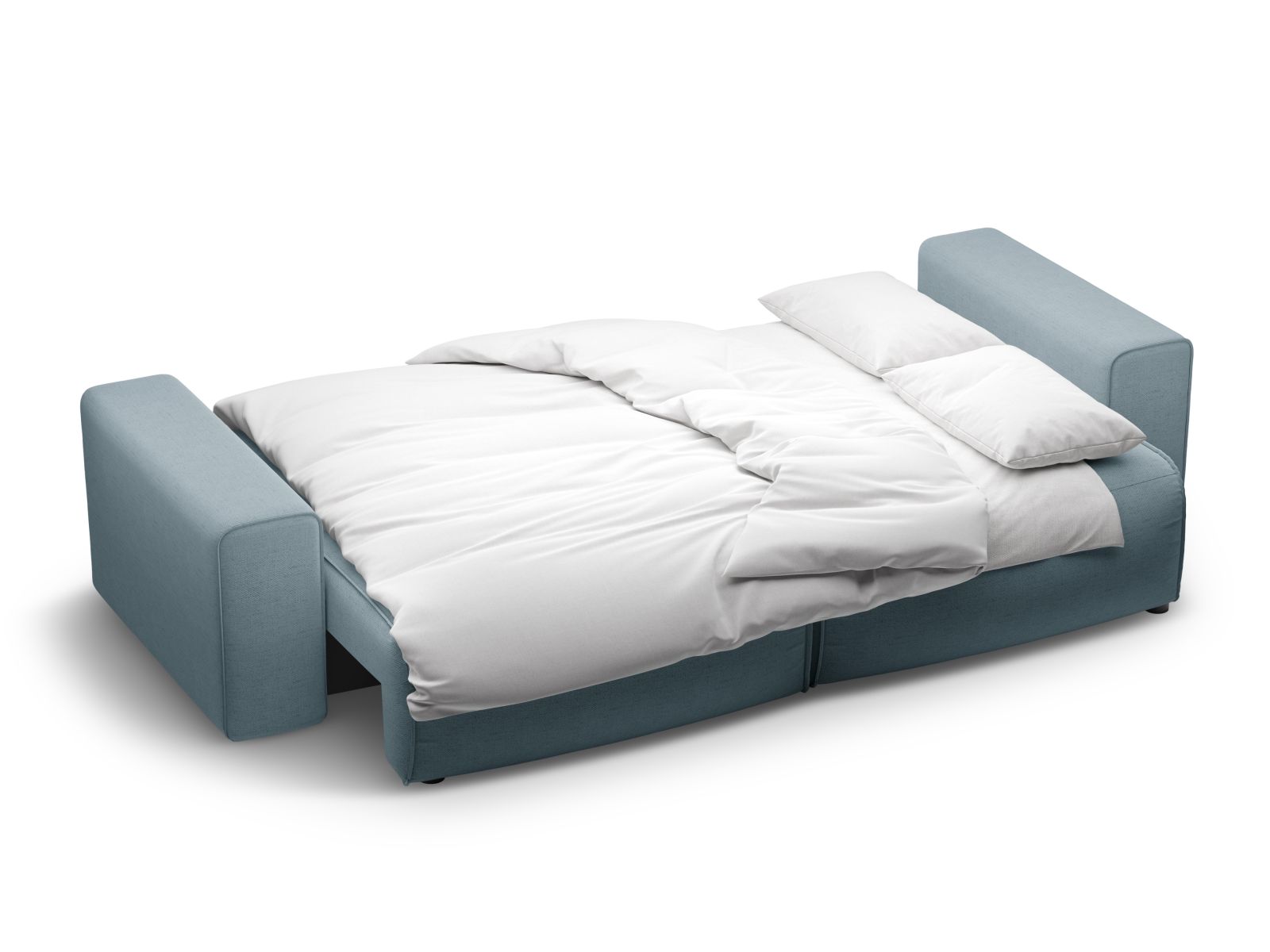 Stylisches 3-Sitzer Sofa Victor in zartem Hellblau, perfekt für entspannte Stunden, bietet zusätzlich eine Schlaffunktion und cleveren Stauraum.