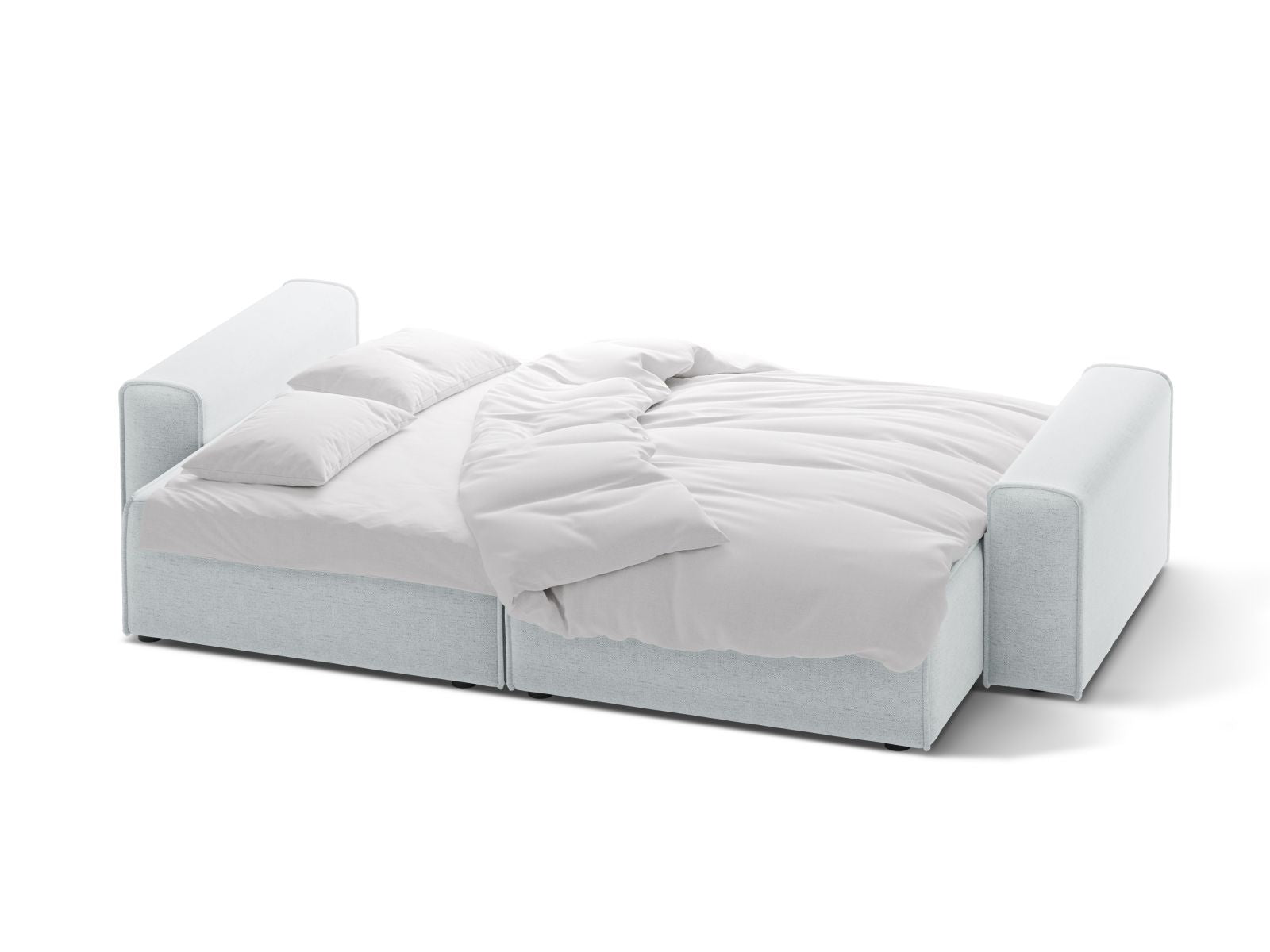 Modernes 3-Sitzer Sofa Victor in sanftem Grau, vielseitig einsetzbar als Schlafsofa mit cleverem Stauraum für zusätzlichen Komfort.