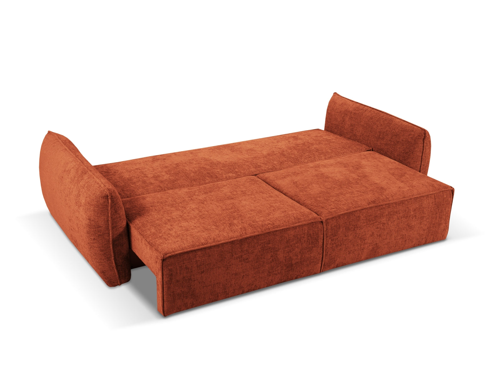 Elegantes 3-Sitzer Sofa in warmem Terracotta, vielseitig einsetzbar mit Schlaffunktion und praktischem Stauraum für zusätzlichen Komfort.