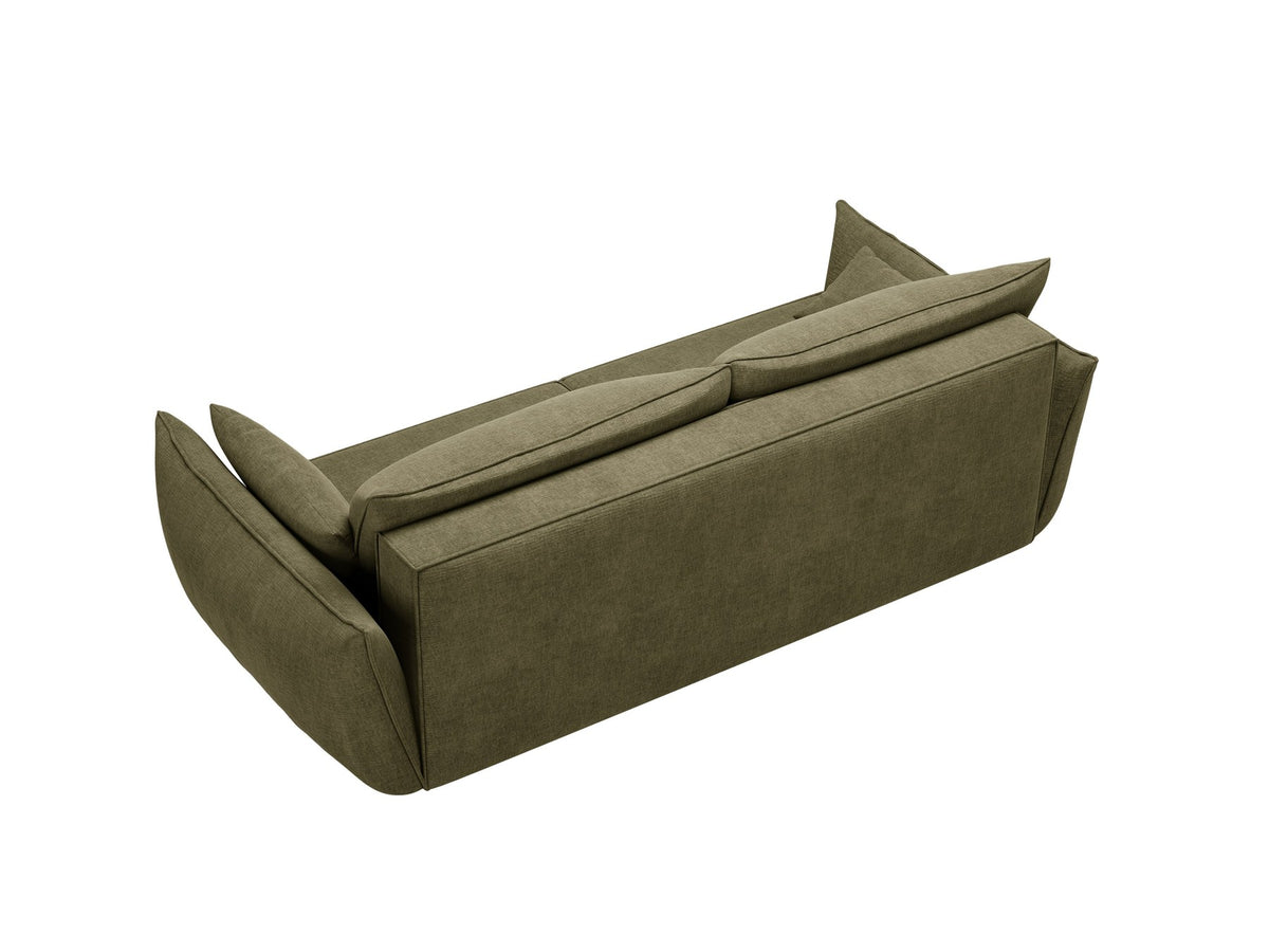 3-Sitzer Sofa Kaelle von Micadoni in leichtem Beige mit Chenille-Bezug, Bettkasten und schwarzen Kunststoffbeinen, Frontalansicht.