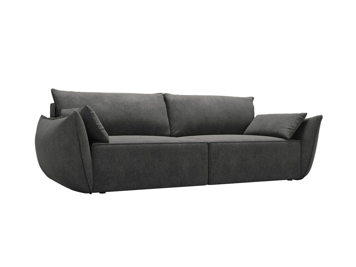 3-Sitzer Sofa Kaelle von Micadoni in leichtem Beige mit Chenille-Bezug, Bettkasten und schwarzen Kunststoffbeinen, Frontalansicht.