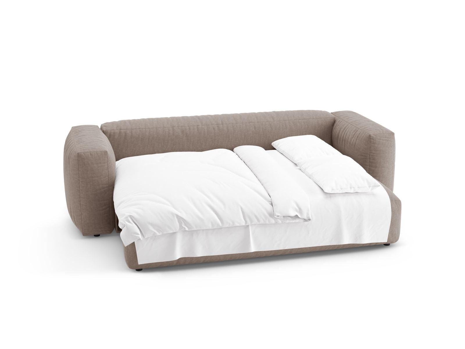 Stylisches 3-Sitzer Bettsofa Martina in modernem Dunkelbeige, perfekt für entspannte Abende und als komfortable Schlafgelegenheit.