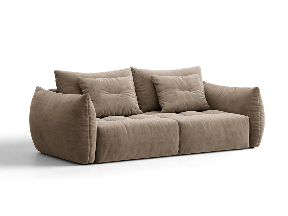 Beiges 3er Sofa Bloom von Micadoni aus samtigem Casino-Stoff mit schwarzen Kunststoffbeinen, ausklappbarer Bettfunktion und Stauraumfach.