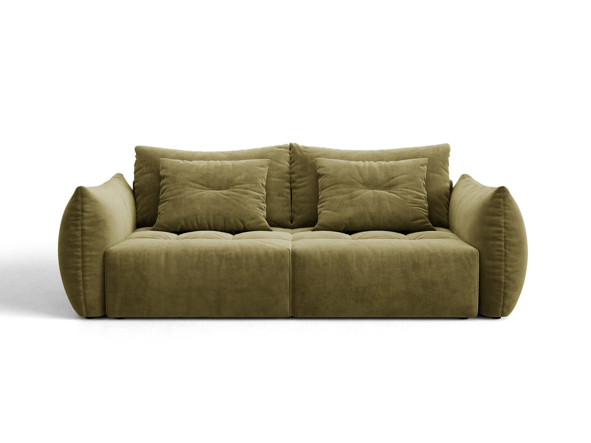 Beiges 3er Sofa Bloom von Micadoni aus samtigem Casino-Stoff mit schwarzen Kunststoffbeinen, ausklappbarer Bettfunktion und Stauraumfach.