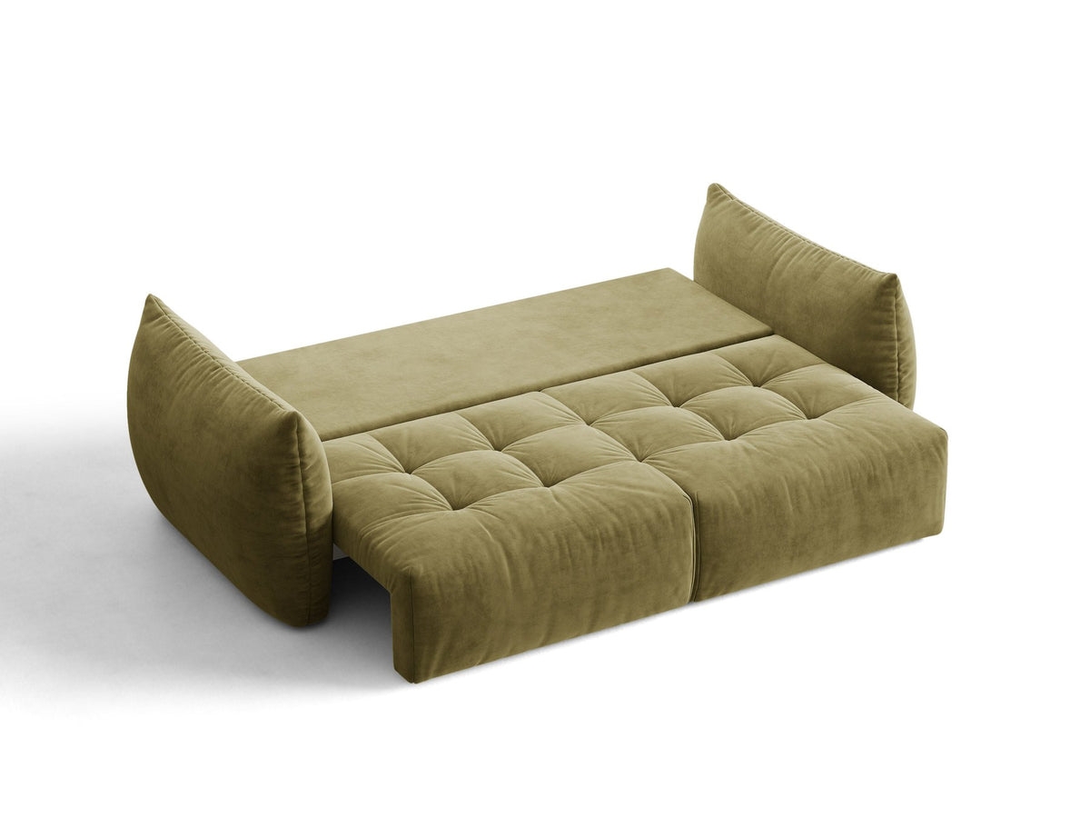 Beiges 3er Sofa Bloom von Micadoni aus samtigem Casino-Stoff mit schwarzen Kunststoffbeinen, ausklappbarer Bettfunktion und Stauraumfach.