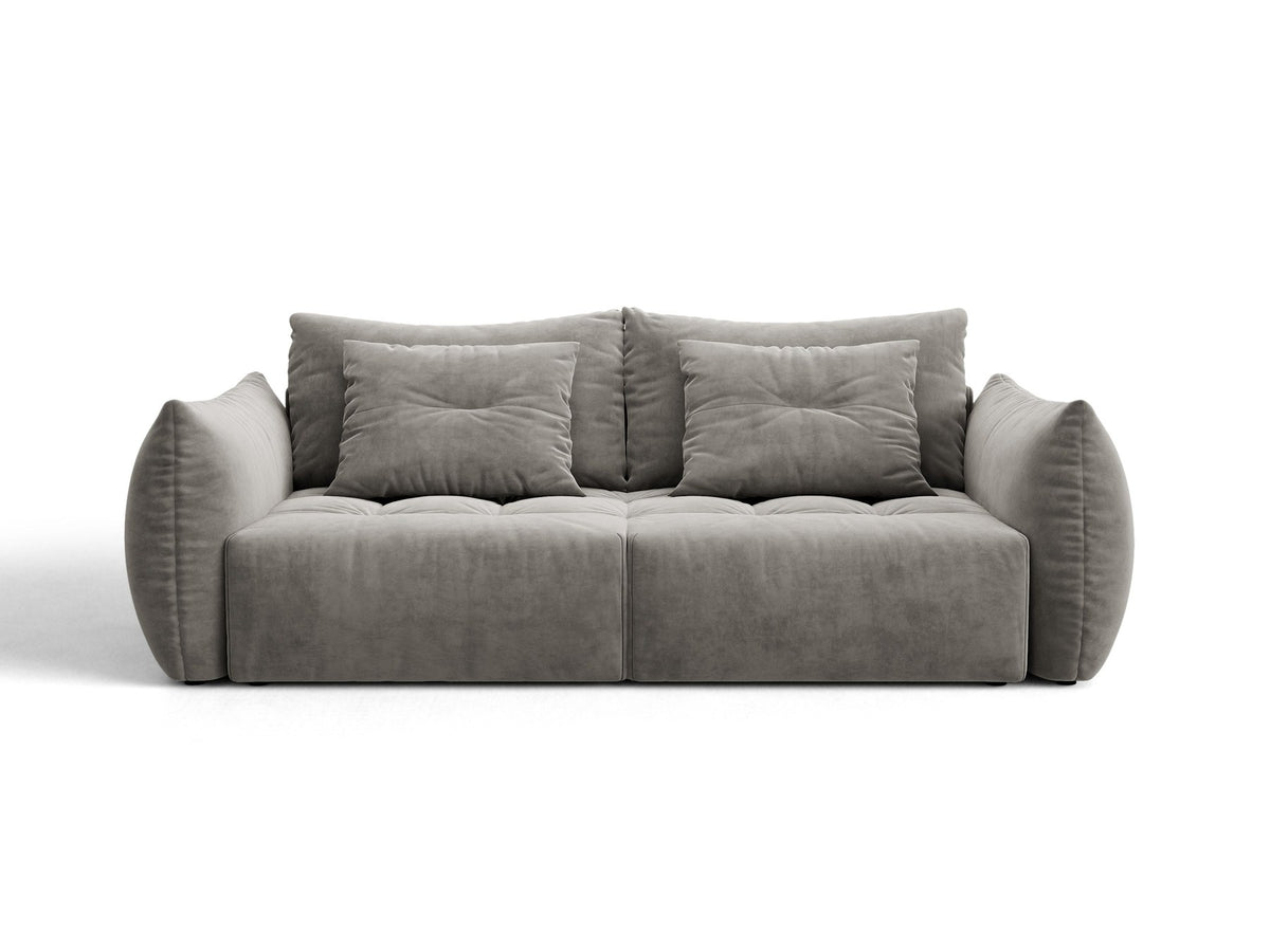 Beiges 3er Sofa Bloom von Micadoni aus samtigem Casino-Stoff mit schwarzen Kunststoffbeinen, ausklappbarer Bettfunktion und Stauraumfach.