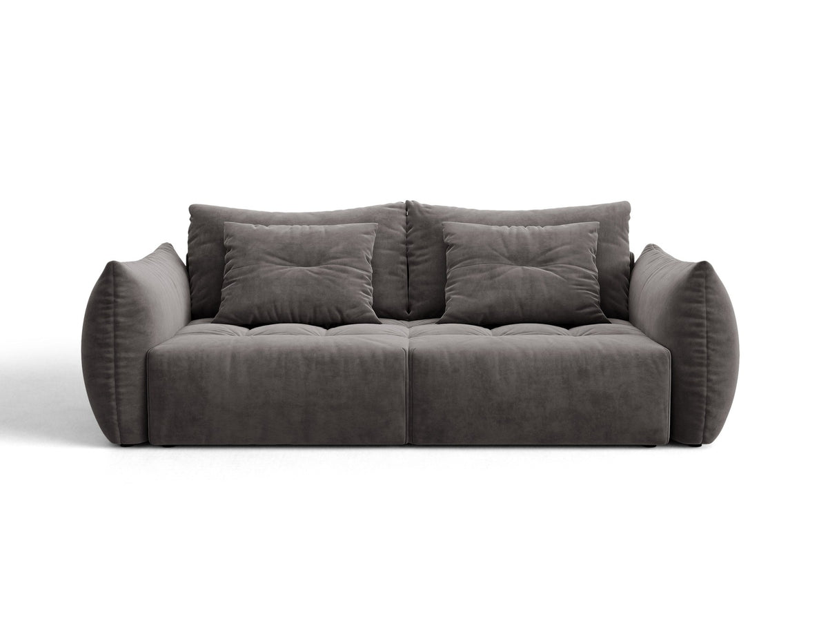 Beiges 3er Sofa Bloom von Micadoni aus samtigem Casino-Stoff mit schwarzen Kunststoffbeinen, ausklappbarer Bettfunktion und Stauraumfach.