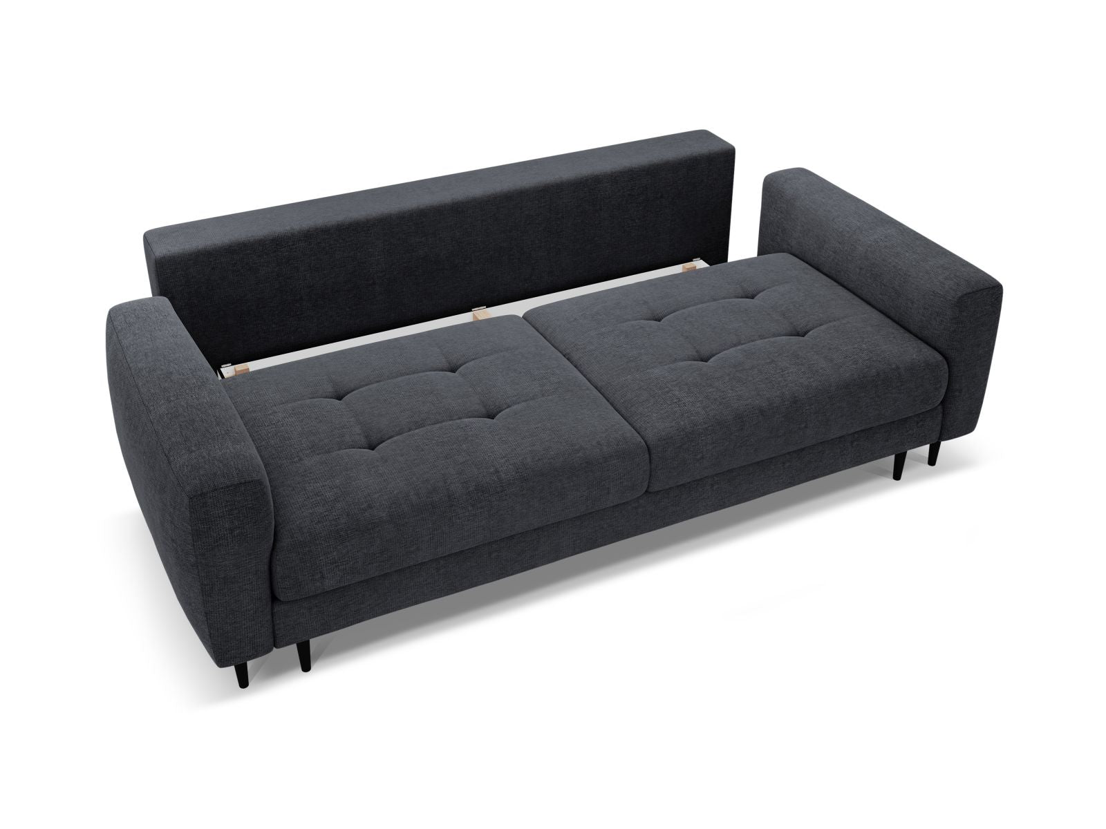 Elegantes 3-Sitzer Sofa Bemy in Blau, bietet eine praktische Schlaffunktion und Stauraum, ideal für kleine Räume und Gästeübernachtungen.