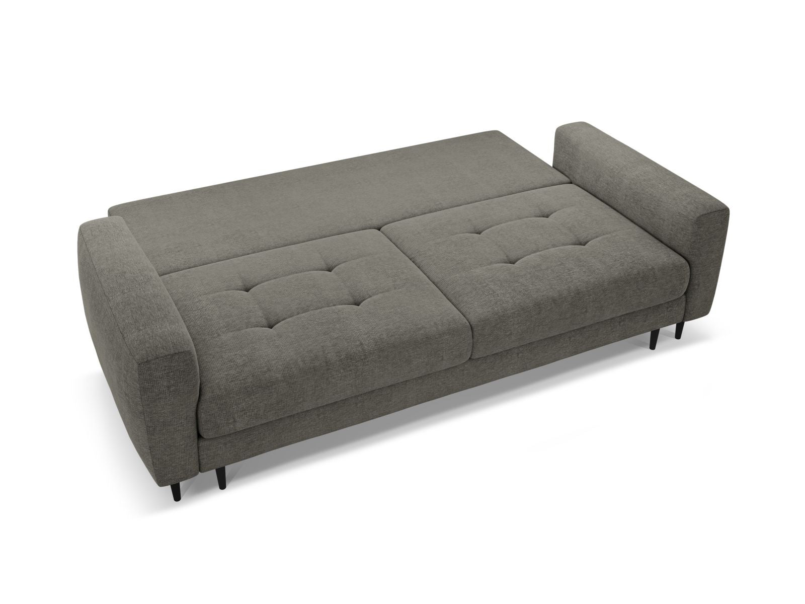 Modernes 3-Sitzer Sofa Bemy in elegantem Grau, ideal für kleine Räume, bietet Schlafgelegenheit und praktischen Stauraum.