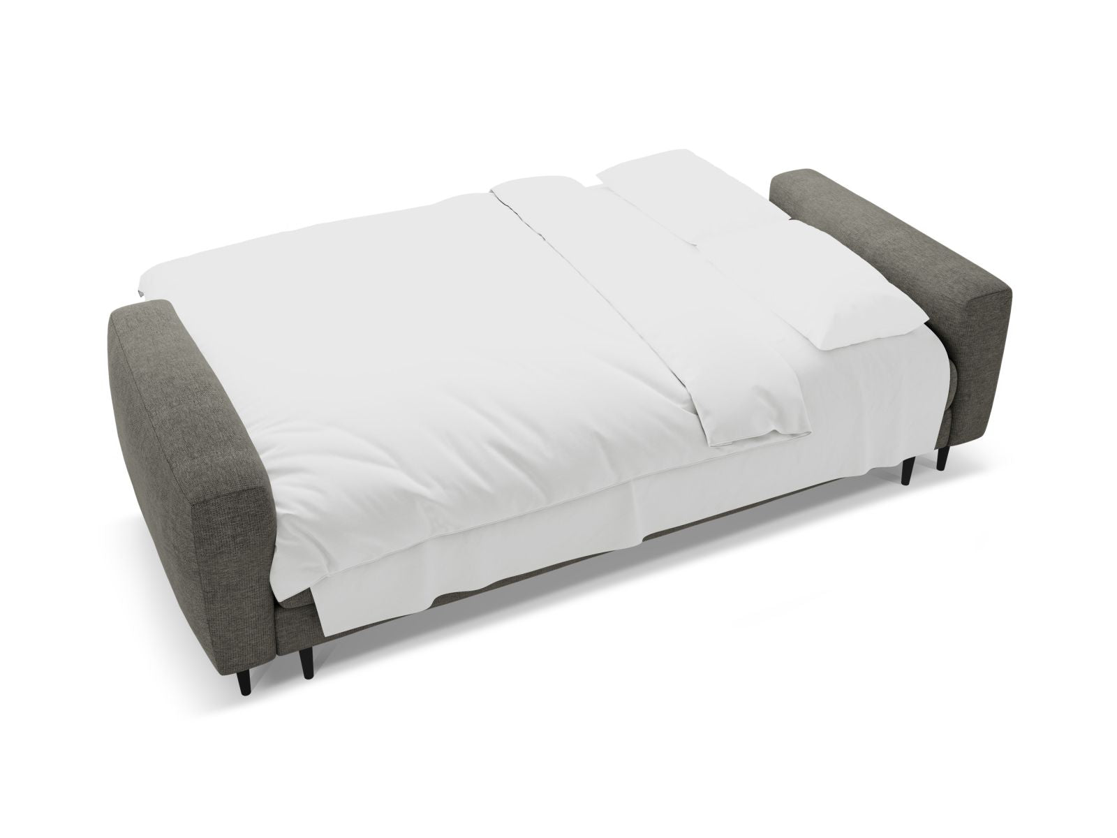 Stylisches 3-Sitzer Bettsofa Bemy in zeitlosem Grau, perfekt für kompakte Wohnräume, mit integrierter Schlaffunktion und cleverem Stauraum.