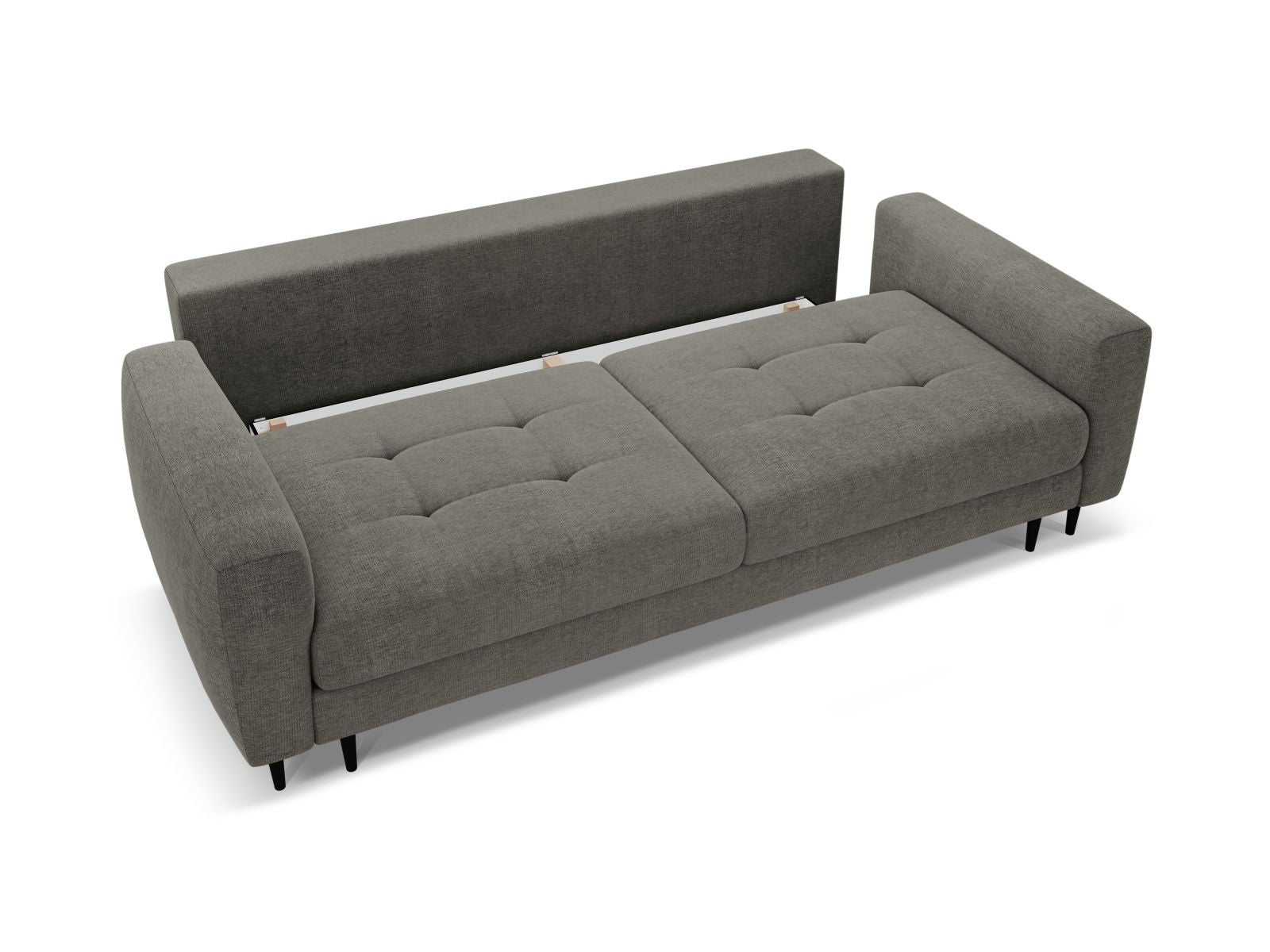 Modernes 3-Sitzer Sofa Bemy in elegantem Grau, ideal für kleine Räume, bietet Schlafgelegenheit und praktischen Stauraum.