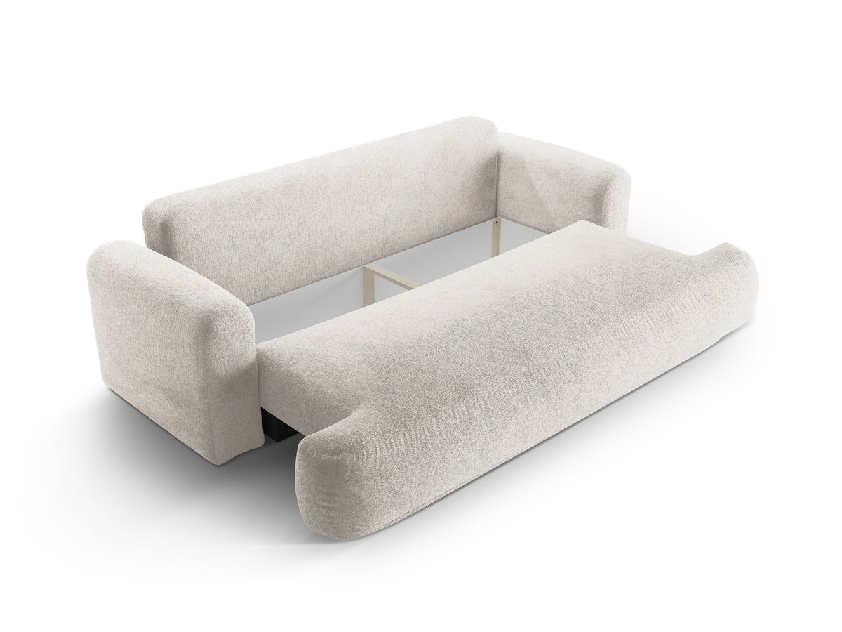 Beiges 3er Sofa Ella von Micadoni mit Veloursstoff-Bezug, ausklappbarer Bettfunktion, Stauraumbox und schwarzen Kunststoffbeinen.