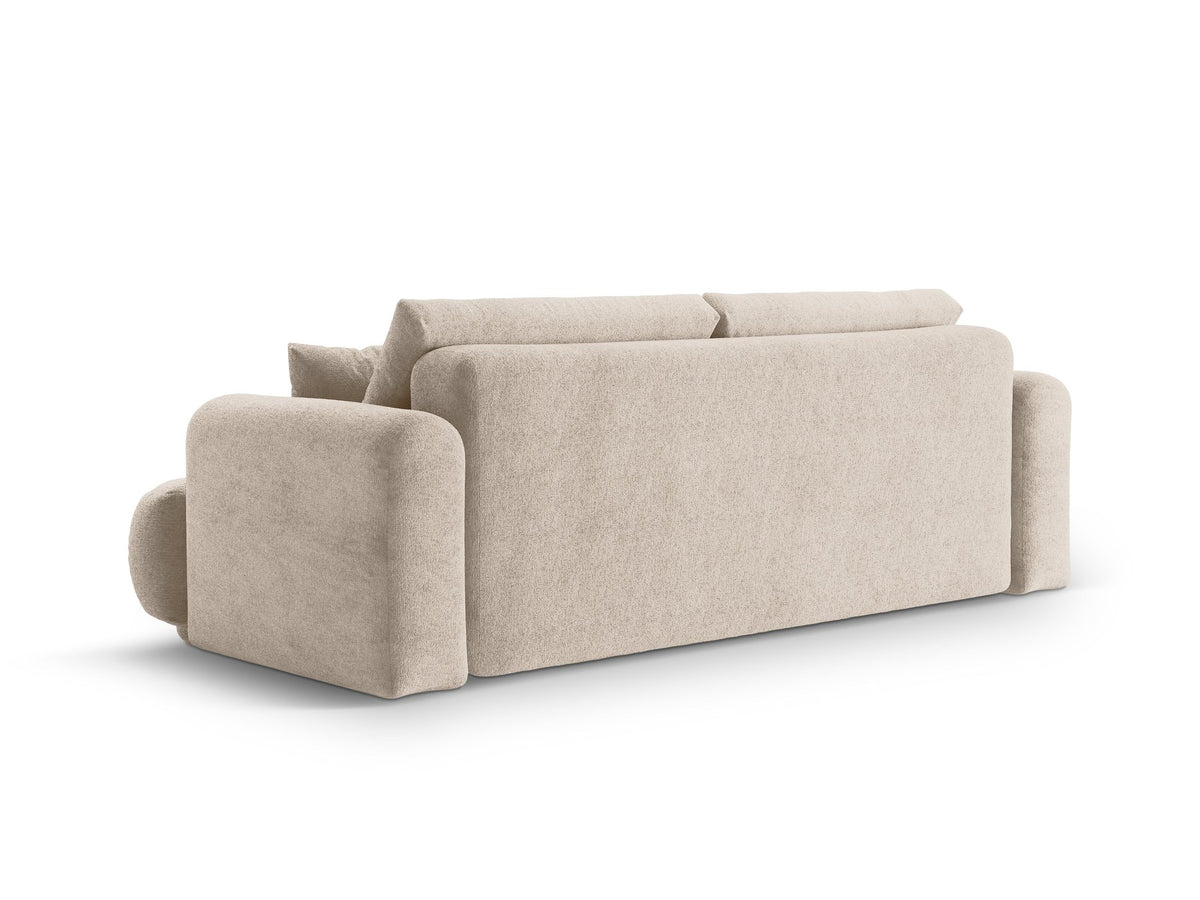 Beiges 3er Sofa Ella von Micadoni mit Veloursstoff-Bezug, ausklappbarer Bettfunktion, Stauraumbox und schwarzen Kunststoffbeinen.