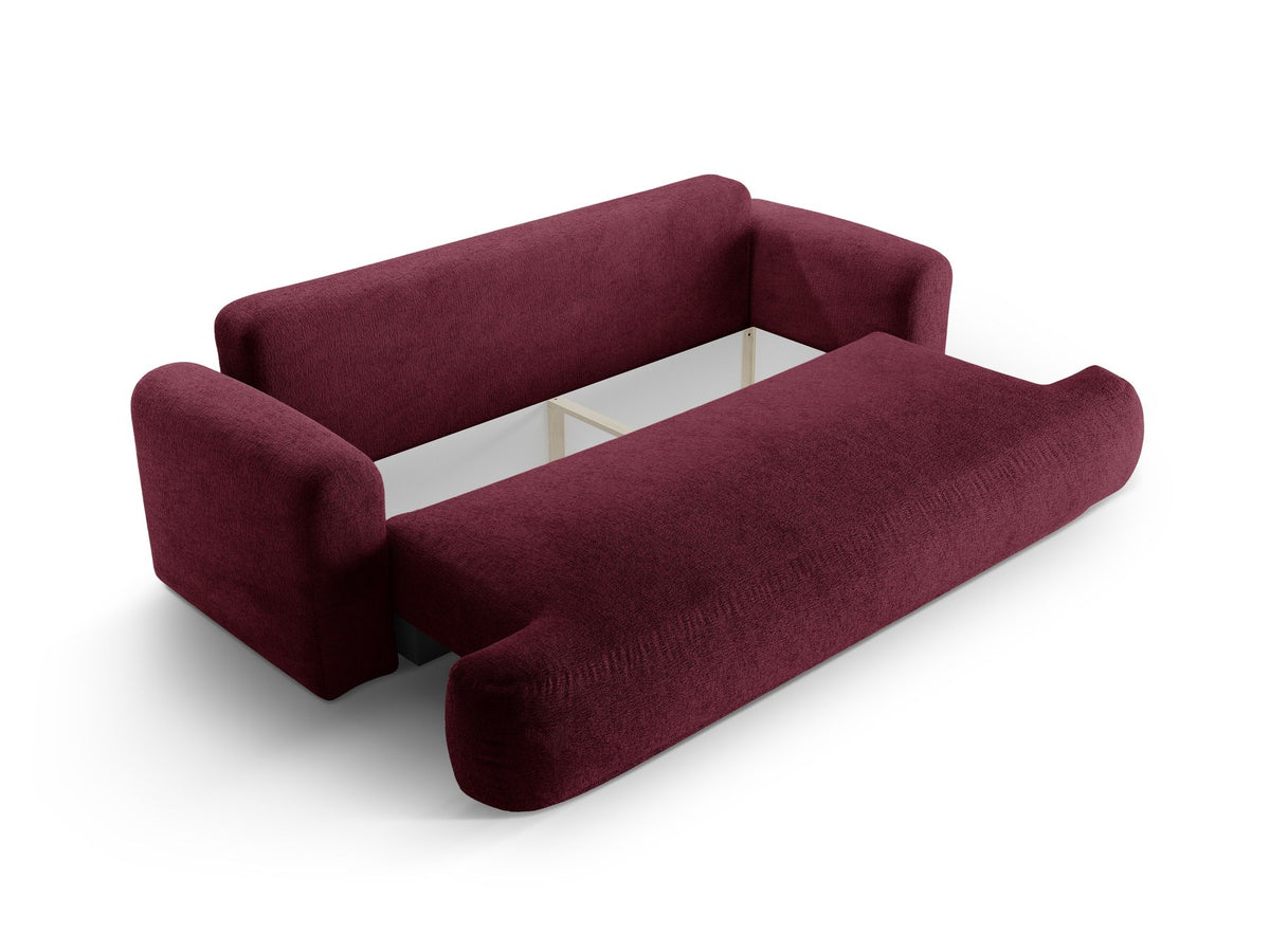 Beiges 3er Sofa Ella von Micadoni mit Veloursstoff-Bezug, ausklappbarer Bettfunktion, Stauraumbox und schwarzen Kunststoffbeinen.
