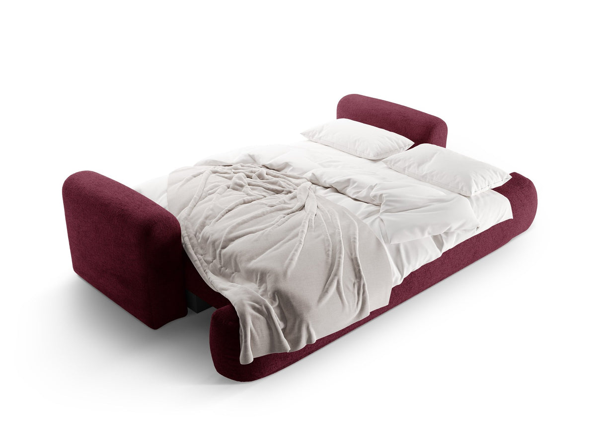 Beiges 3er Sofa Ella von Micadoni mit Veloursstoff-Bezug, ausklappbarer Bettfunktion, Stauraumbox und schwarzen Kunststoffbeinen.
