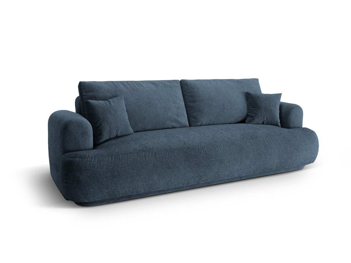 Beiges 3er Sofa Ella von Micadoni mit Veloursstoff-Bezug, ausklappbarer Bettfunktion, Stauraumbox und schwarzen Kunststoffbeinen.