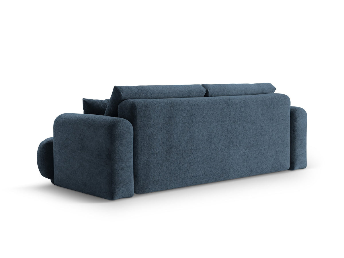Beiges 3er Sofa Ella von Micadoni mit Veloursstoff-Bezug, ausklappbarer Bettfunktion, Stauraumbox und schwarzen Kunststoffbeinen.