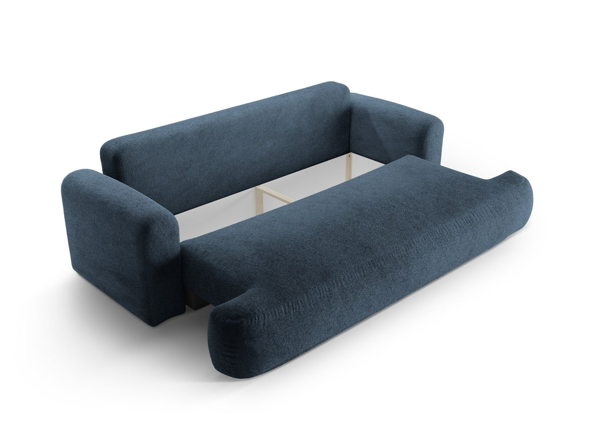 Beiges 3er Sofa Ella von Micadoni mit Veloursstoff-Bezug, ausklappbarer Bettfunktion, Stauraumbox und schwarzen Kunststoffbeinen.
