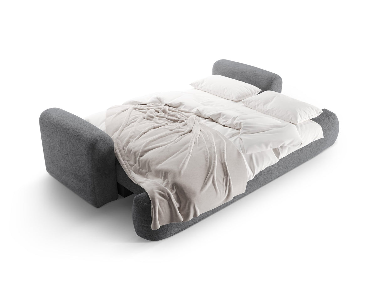 Beiges 3er Sofa Ella von Micadoni mit Veloursstoff-Bezug, ausklappbarer Bettfunktion, Stauraumbox und schwarzen Kunststoffbeinen.