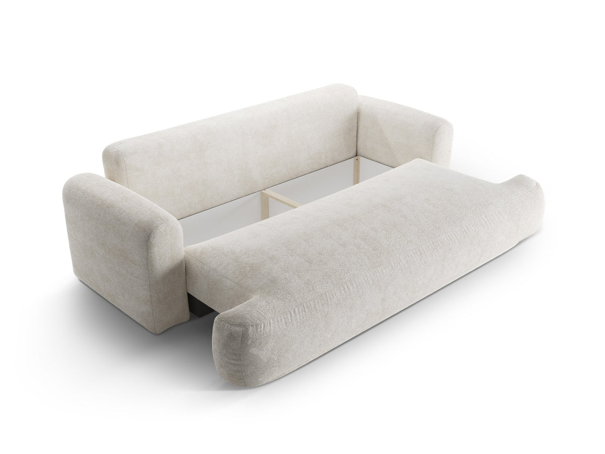 Beiges 3er Sofa Ella von Micadoni mit Veloursstoff-Bezug, ausklappbarer Bettfunktion, Stauraumbox und schwarzen Kunststoffbeinen.